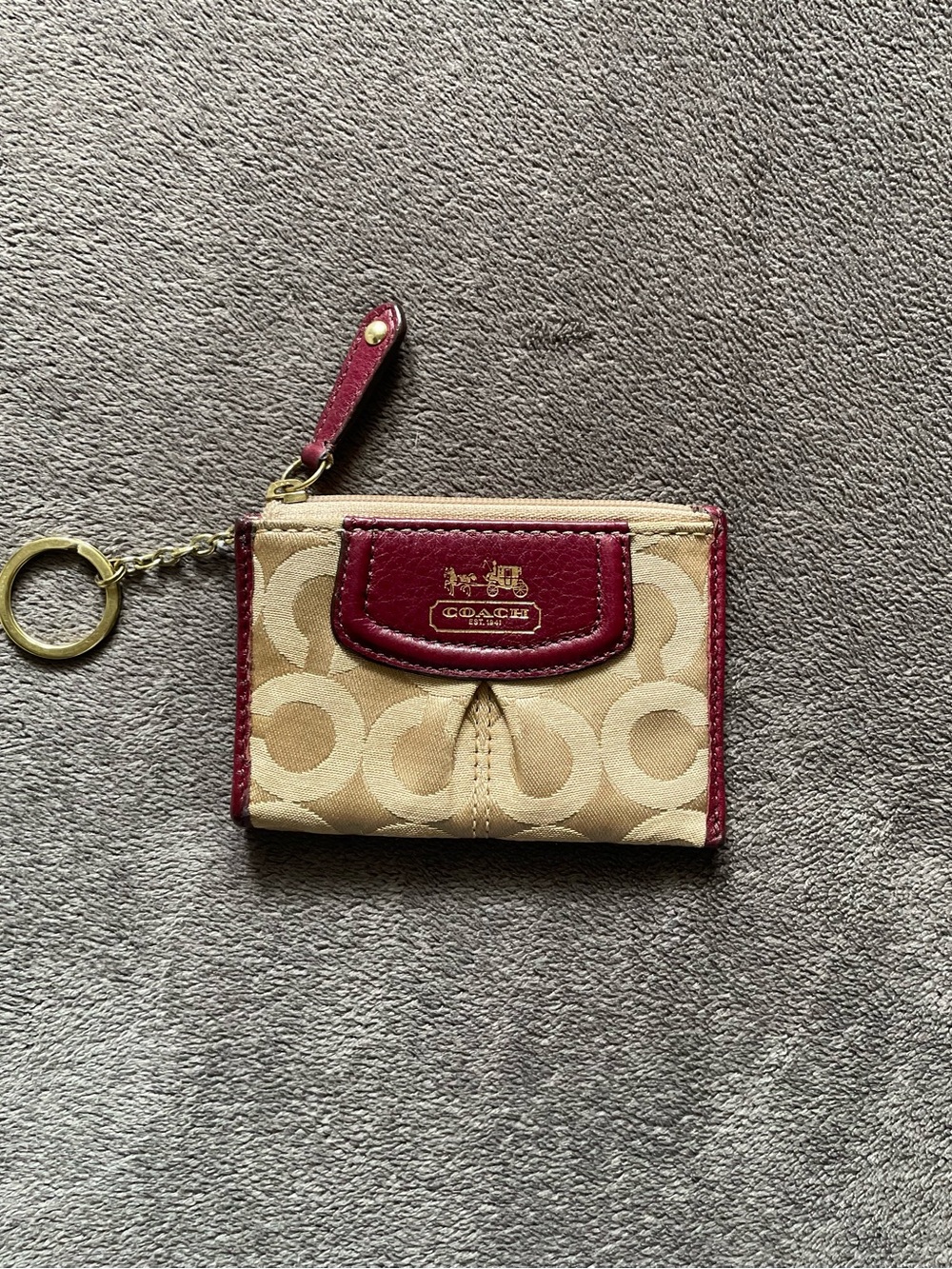 COACH Madison Op Art Mini Signature ID Card Coin Purse Tan Satin Red Leather